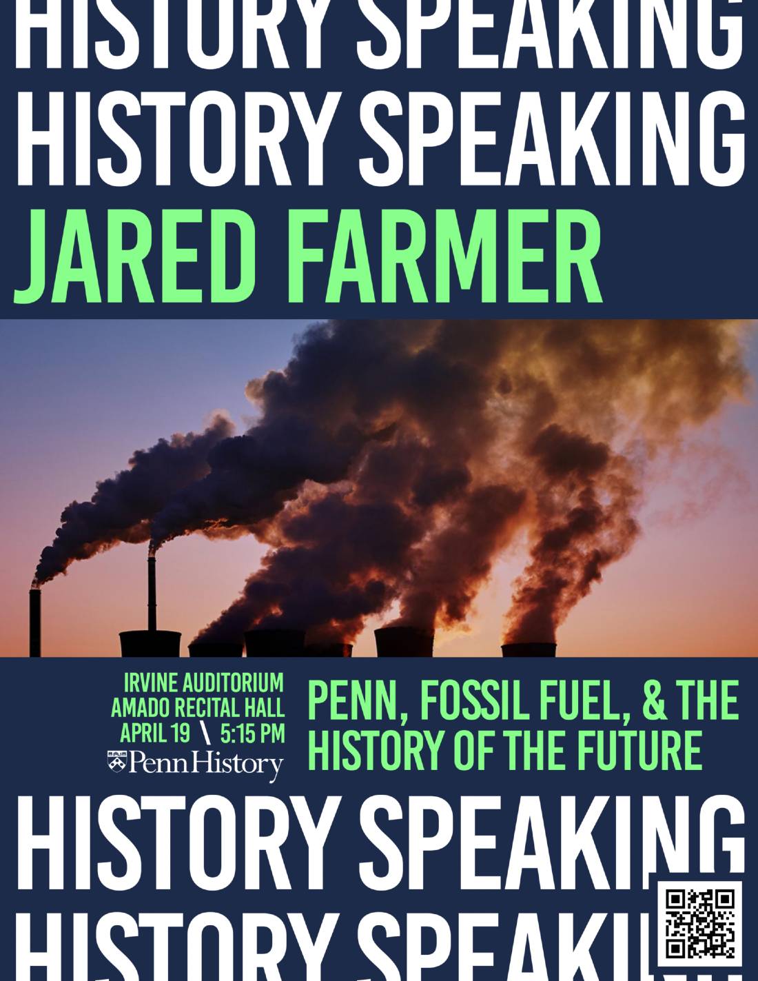 Poster with ominous smoke stacks and lecture title and details